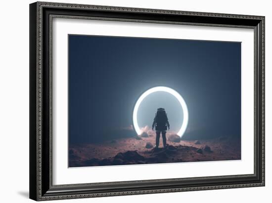 Astronaut on foreign planet in front of spacetime portal light-Michal Bednarek-Framed Art Print