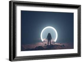 Astronaut on foreign planet in front of spacetime portal light-Michal Bednarek-Framed Art Print