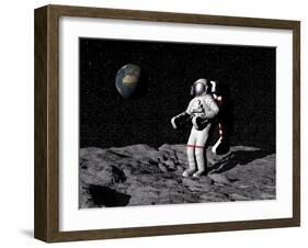 Astronaut on Moon with Earth in the Background-null-Framed Art Print