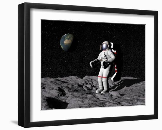 Astronaut on Moon with Earth in the Background-null-Framed Art Print