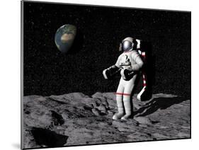 Astronaut on Moon with Earth in the Background-null-Mounted Art Print