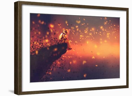 Astronaut Sitting on Cliff's Edge and Looking to Fireflies,Illustration Painting-Tithi Luadthong-Framed Art Print
