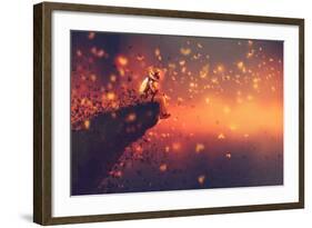 Astronaut Sitting on Cliff's Edge and Looking to Fireflies,Illustration Painting-Tithi Luadthong-Framed Art Print