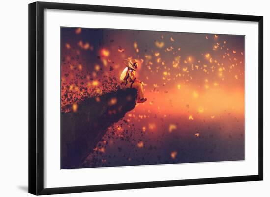 Astronaut Sitting on Cliff's Edge and Looking to Fireflies,Illustration Painting-Tithi Luadthong-Framed Art Print