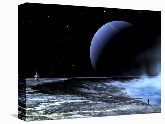 Astronaut Standing on the Edge of a Lake of Liquid Methane at the Bottom of a Large Impact Crater-null-Stretched Canvas