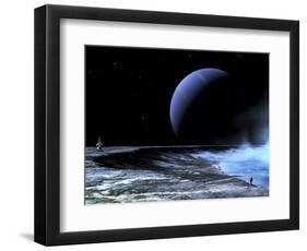 Astronaut Standing on the Edge of a Lake of Liquid Methane at the Bottom of a Large Impact Crater-null-Framed Photographic Print