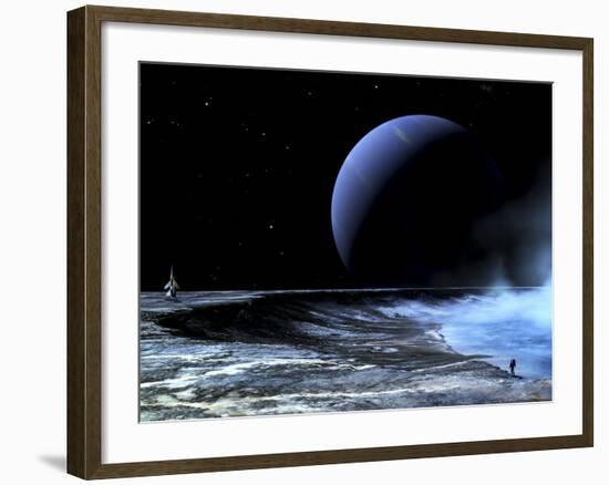 Astronaut Standing on the Edge of a Lake of Liquid Methane at the Bottom of a Large Impact Crater-null-Framed Photographic Print