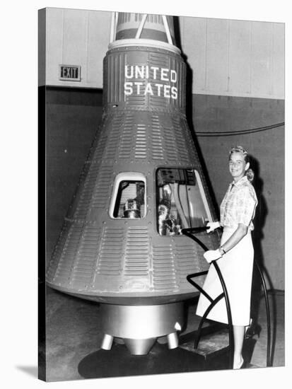 Astronaut Trainees Jerrie Cobb Stands Next to a Mercury Spaceship Capsule-null-Stretched Canvas