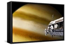 Astronauts Performing Work on a Space Station While Orbiting a Large Alien Planet-null-Framed Stretched Canvas