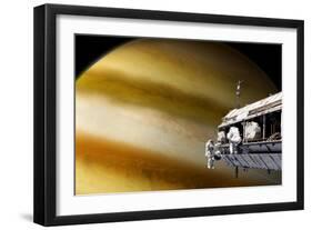 Astronauts Performing Work on a Space Station While Orbiting a Large Alien Planet-null-Framed Art Print