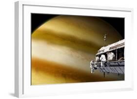 Astronauts Performing Work on a Space Station While Orbiting a Large Alien Planet-null-Framed Art Print