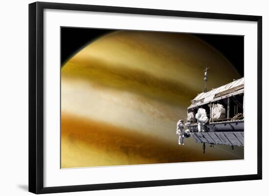 Astronauts Performing Work on a Space Station While Orbiting a Large Alien Planet-null-Framed Art Print