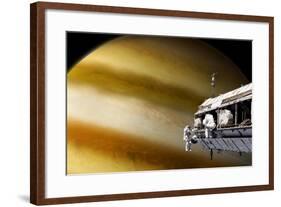 Astronauts Performing Work on a Space Station While Orbiting a Large Alien Planet-null-Framed Art Print