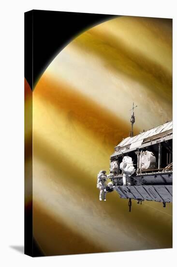 Astronauts Performing Work on a Space Station While Orbiting a Large Alien Planet-null-Stretched Canvas