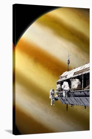 Astronauts Performing Work on a Space Station While Orbiting a Large Alien Planet-null-Stretched Canvas