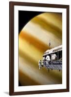 Astronauts Performing Work on a Space Station While Orbiting a Large Alien Planet-null-Framed Art Print