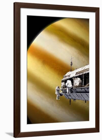 Astronauts Performing Work on a Space Station While Orbiting a Large Alien Planet-null-Framed Art Print