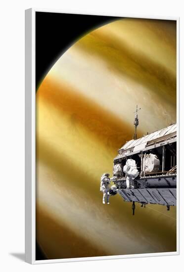 Astronauts Performing Work on a Space Station While Orbiting a Large Alien Planet-null-Framed Art Print