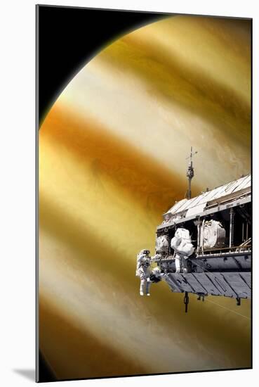 Astronauts Performing Work on a Space Station While Orbiting a Large Alien Planet-null-Mounted Art Print