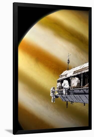 Astronauts Performing Work on a Space Station While Orbiting a Large Alien Planet-null-Framed Art Print