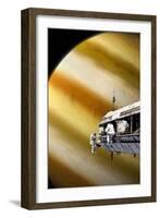 Astronauts Performing Work on a Space Station While Orbiting a Large Alien Planet-null-Framed Art Print