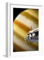 Astronauts Performing Work on a Space Station While Orbiting a Large Alien Planet-null-Framed Art Print