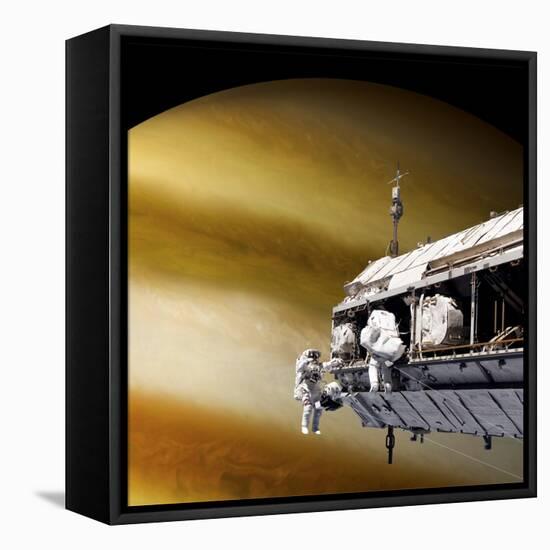 Astronauts Performing Work on a Space Station While Orbiting a Large Alien Planet-null-Framed Stretched Canvas