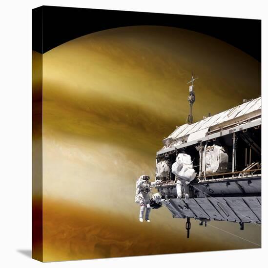Astronauts Performing Work on a Space Station While Orbiting a Large Alien Planet-null-Stretched Canvas