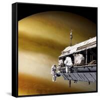 Astronauts Performing Work on a Space Station While Orbiting a Large Alien Planet-null-Framed Stretched Canvas