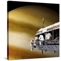 Astronauts Performing Work on a Space Station While Orbiting a Large Alien Planet-null-Stretched Canvas