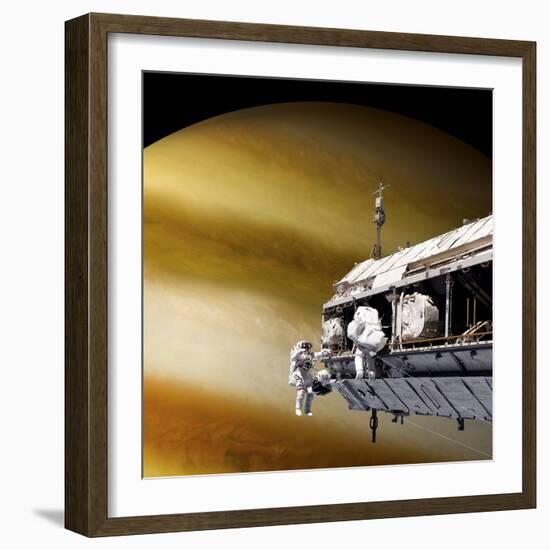 Astronauts Performing Work on a Space Station While Orbiting a Large Alien Planet-null-Framed Art Print