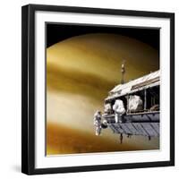 Astronauts Performing Work on a Space Station While Orbiting a Large Alien Planet-null-Framed Art Print