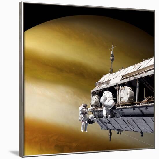 Astronauts Performing Work on a Space Station While Orbiting a Large Alien Planet-null-Framed Art Print