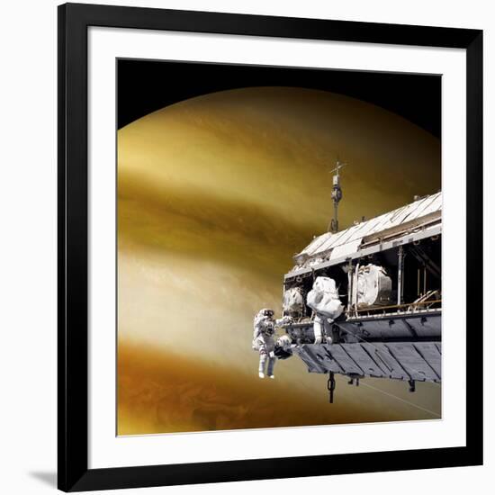 Astronauts Performing Work on a Space Station While Orbiting a Large Alien Planet-null-Framed Art Print