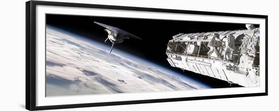 Astronauts Work on a Space Station While a Space Shuttle Approaches-Stocktrek Images-Framed Premium Giclee Print