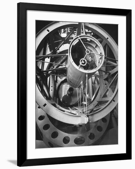 Astronomer Edwin Hubble Pictured Inside the Workings of the Huge 200 In. Mt. Palomar Telescope-J^ R^ Eyerman-Framed Photographic Print