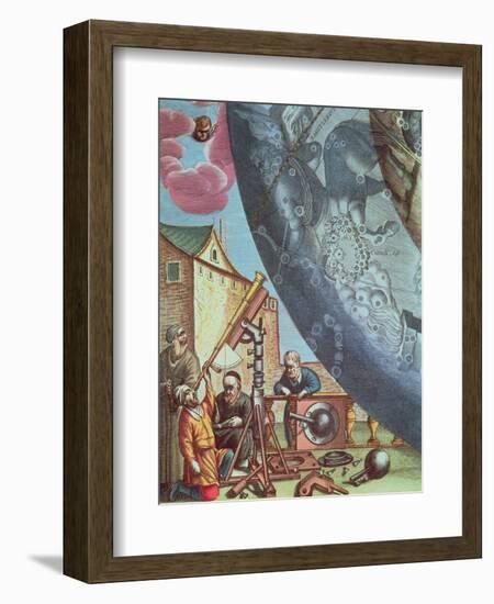 Astronomers Looking Through a Telescope, Detail from a Map of the Constellations-Andreas Cellarius-Framed Giclee Print