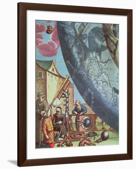 Astronomers Looking Through a Telescope, Detail from a Map of the Constellations-Andreas Cellarius-Framed Giclee Print