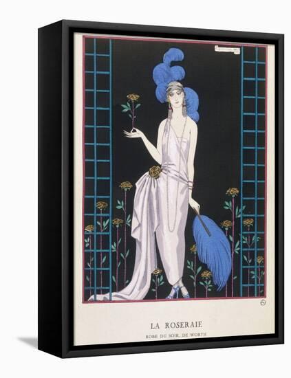 Asymmetrical Evening Gown by Worth with a Low Diagonal Waistline and a Long Flowing Train-Georges Barbier-Framed Stretched Canvas