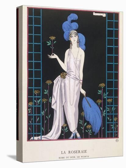 Asymmetrical Evening Gown by Worth with a Low Diagonal Waistline and a Long Flowing Train-Georges Barbier-Stretched Canvas