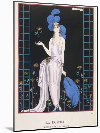 Asymmetrical Evening Gown by Worth with a Low Diagonal Waistline and a Long Flowing Train-Georges Barbier-Mounted Photographic Print