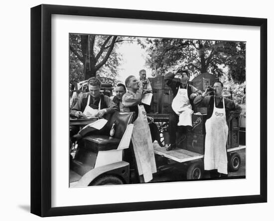 At 9:00 A.M., Carlsberg and Tivoli Workers Enjoying an Early Morning Beer-Carl Mydans-Framed Photographic Print