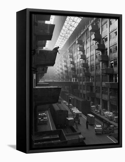 At Brooklyn Army Base Freight Is Lifted from Car to Jutting Loading Platforms-Andreas Feininger-Framed Stretched Canvas