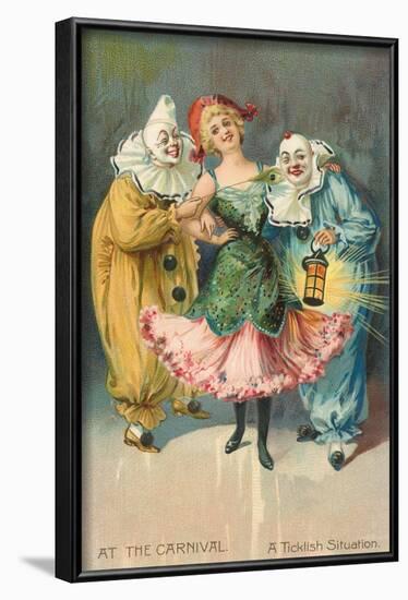 At the Carnival, A Ticklish Situation, Lady with Two Clowns-null-Framed Art Print