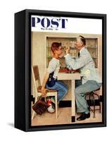 "At the Optometrist" or "Eye Doctor" Saturday Evening Post Cover, May 19,1956-Norman Rockwell-Framed Stretched Canvas