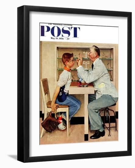 "At the Optometrist" or "Eye Doctor" Saturday Evening Post Cover, May 19,1956-Norman Rockwell-Framed Giclee Print