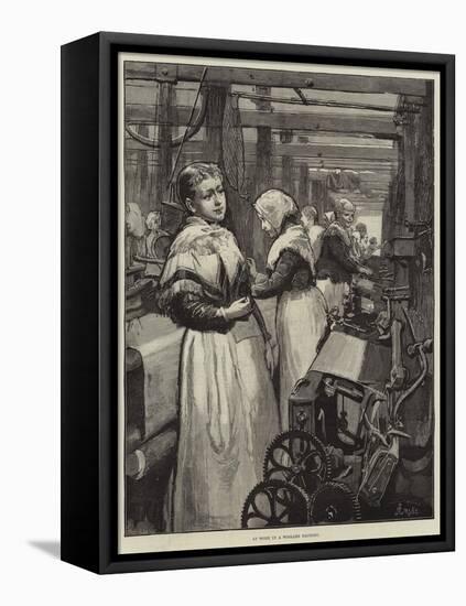 At Work in a Woollen Factory-Alfred Edward Emslie-Framed Stretched Canvas