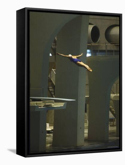 Athlete in Mid Air During a Platform Dive at Summer Olympics-Art Rickerby-Framed Stretched Canvas