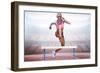 Athletic Woman Practicing Show Jumping against View of a Stadium-vectorfusionart-Framed Photographic Print
