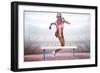 Athletic Woman Practicing Show Jumping against View of a Stadium-vectorfusionart-Framed Photographic Print